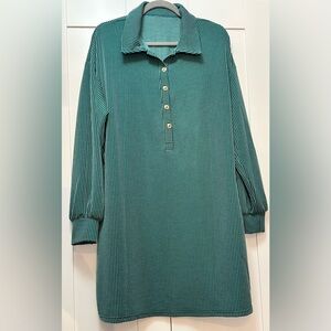 Dark Teal Ribbed Women's Long Sleeve Dress With Mid Button Accent Sz MED NEW!